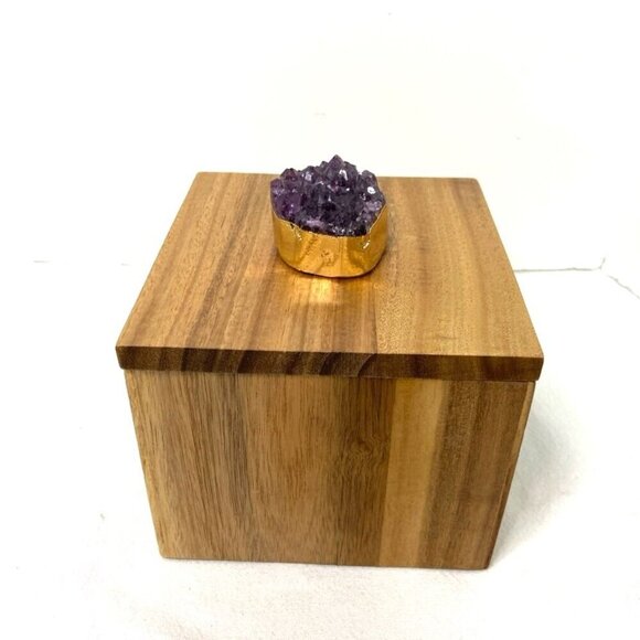 Acacia Wood Box w/ Purple Amethyst Geode Knob 6" x 6" - Picture 1 of 9